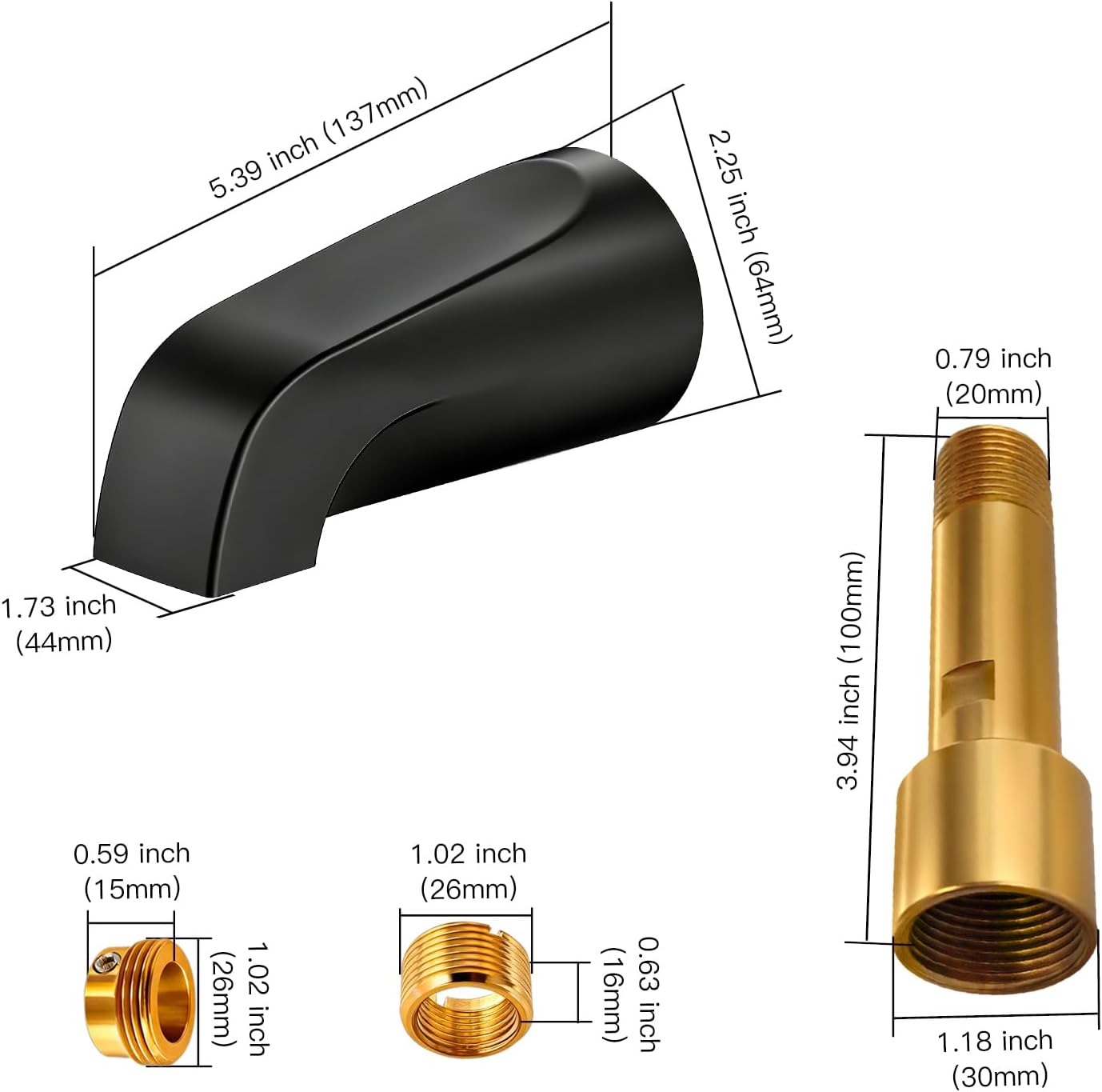Matte Black Bathtub Spout Without Diverter, All Metal,5.3 Inch Tub Spout, Fits 1/2" Copper Slip-On and 1/2" or 3/4" IPS Threaded Pipes, Leak-Free, Slip Fit Tub Spout Without Diverter