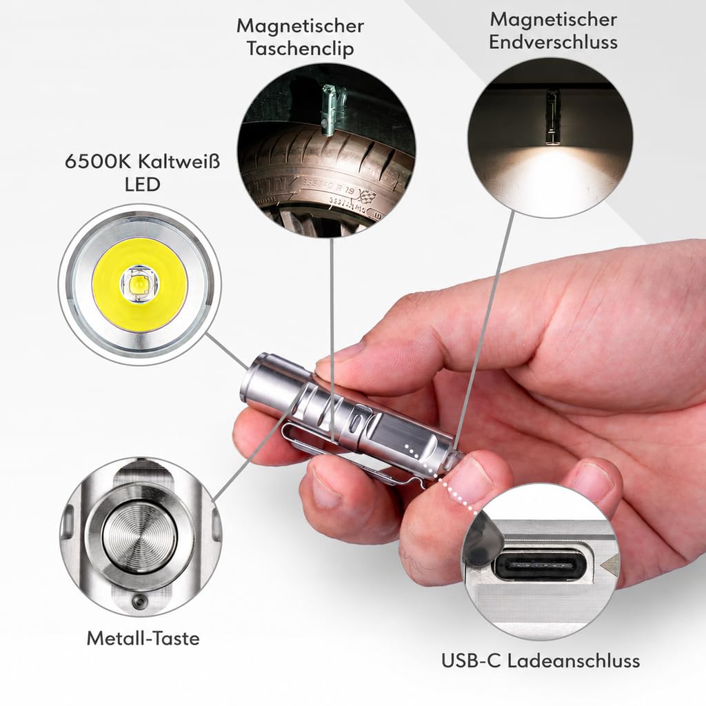 RovyVon A2 G4 LED-Taschenlampe Edelstahl, 650 Lumen, Schlüsselanhänger Taschenlampe wiederaufladbar, IP66 wasserdicht (Silber)