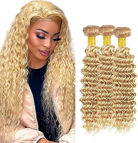 QEUOPE P27613 Human Hair Highlight Honey Blonde Deep Wave Bundles Double Weft Br