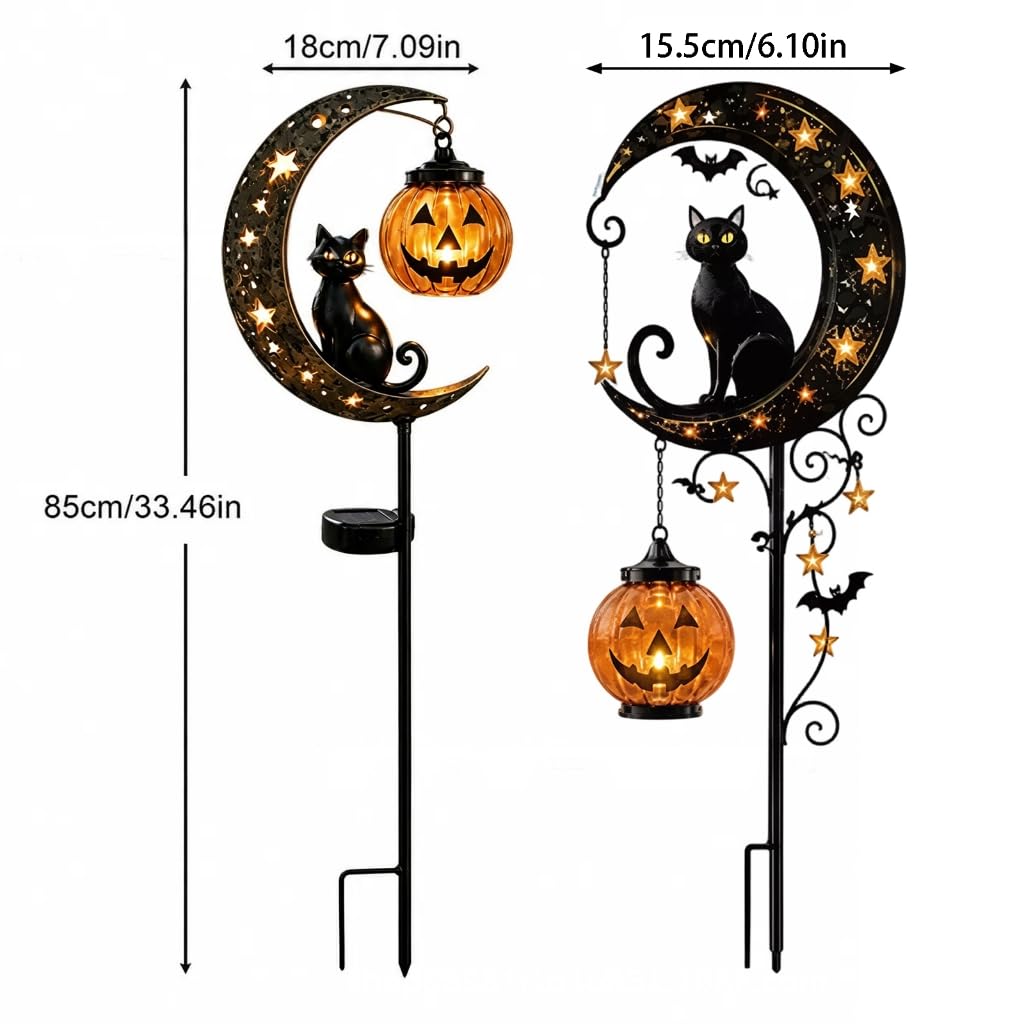 Lampe solaire d'Halloween en forme de chat noir et citrouille - Décoration de jardin LED étanche - Décoration d'allée en verre craquelé à suspendre - Citrouille creuse en métal pour cour