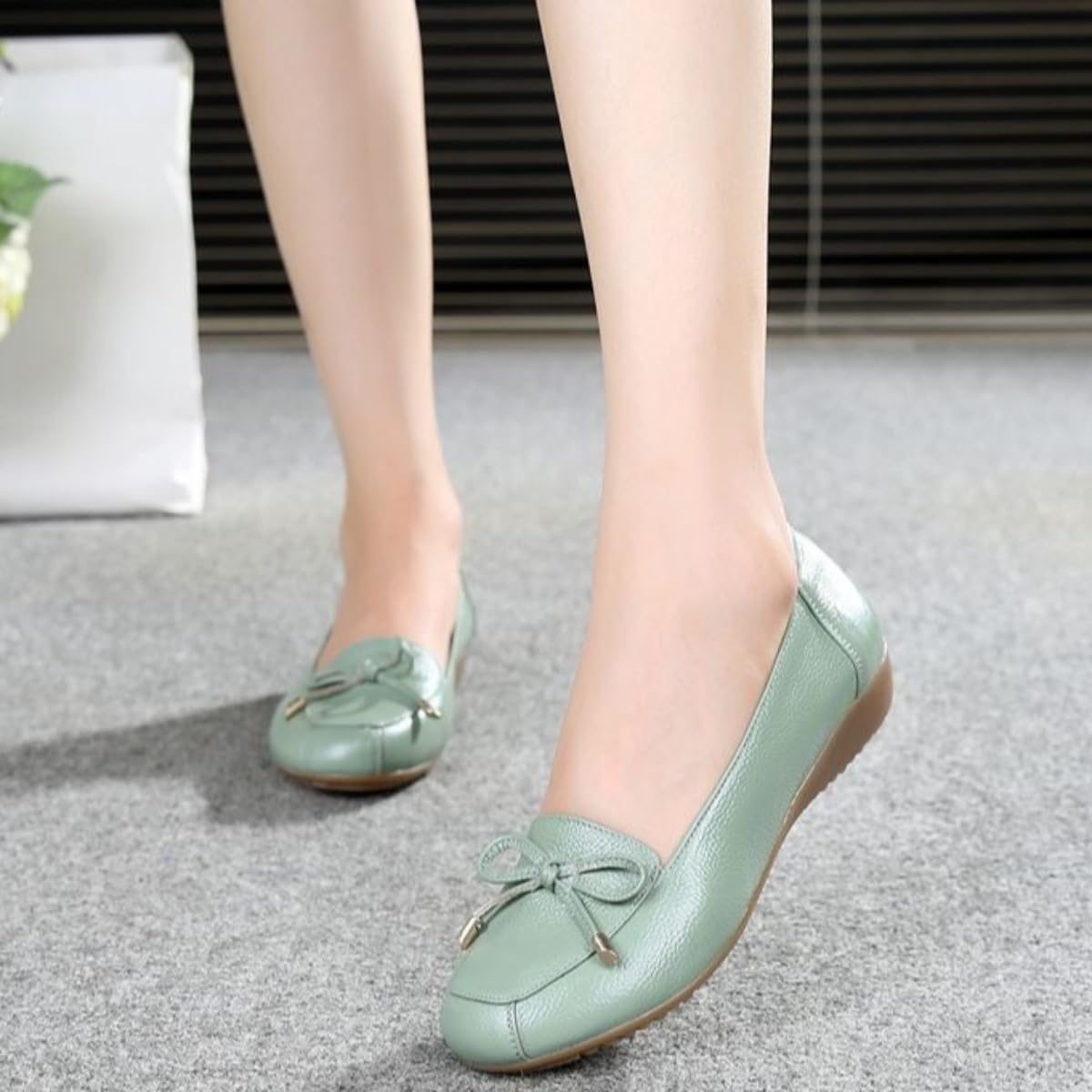 Ballerine da donna in pelle con fiocco, comode e morbide ballerine con punta tonda, mocassini da guida, casual da lavoro, scarpe da passeggio