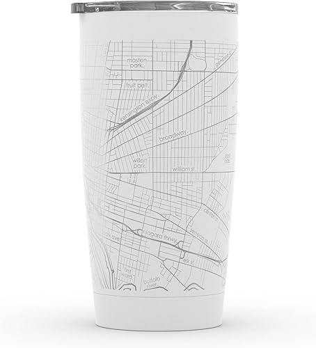 Vista 241 de Well Told Vaso de café aislado con diseño de mapa de Nueva York grabado, taza de acero inoxidable grabada (20 onzas, negro) con aislamiento de mapa