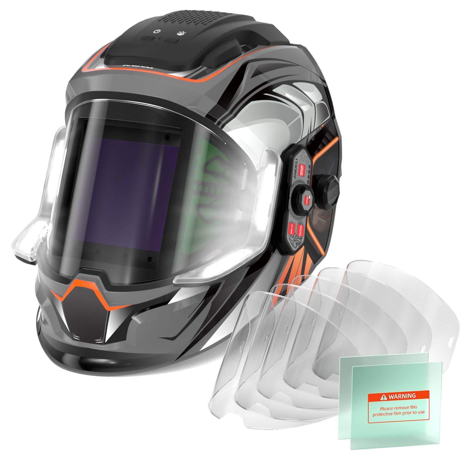 ANDELI Schweißhelm Automatik mit 4-Punkt LED Beleuchtungssystem und Echtfarben Technologie Großes Panorama Sichtfeld 9,5x9,1 cm, 6 Sensoren, Schattierung 4/5-9/9-13 USB-C with Schutzscheibe
