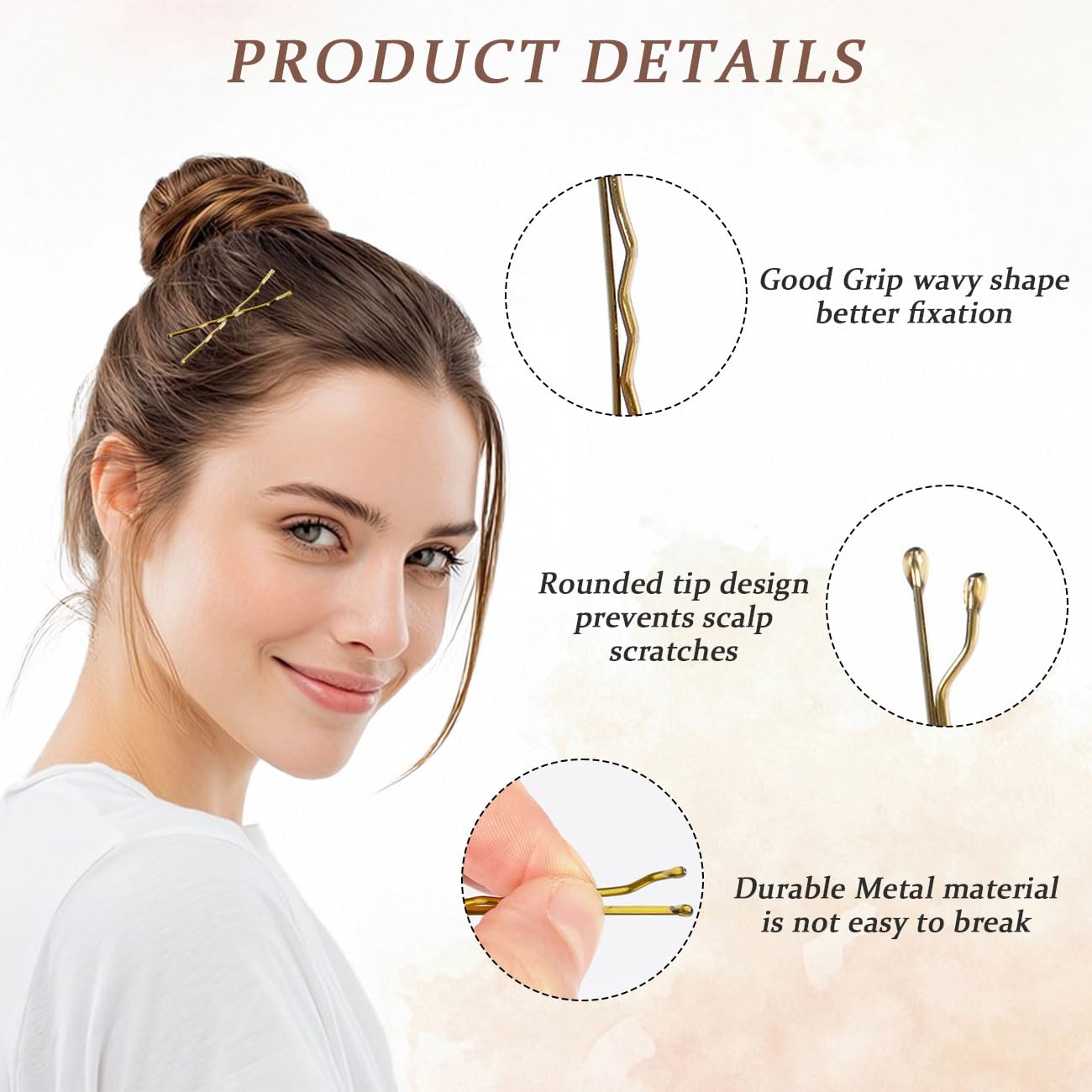 300 piezas de horquillas para mujer, horquillas metálicas, 5 cm, 6 cm, 7 cm, pinzas para moños, accesorios invisibles cabello, tiras transparentes cabello, con caja de almacenamiento, doradas — view 3