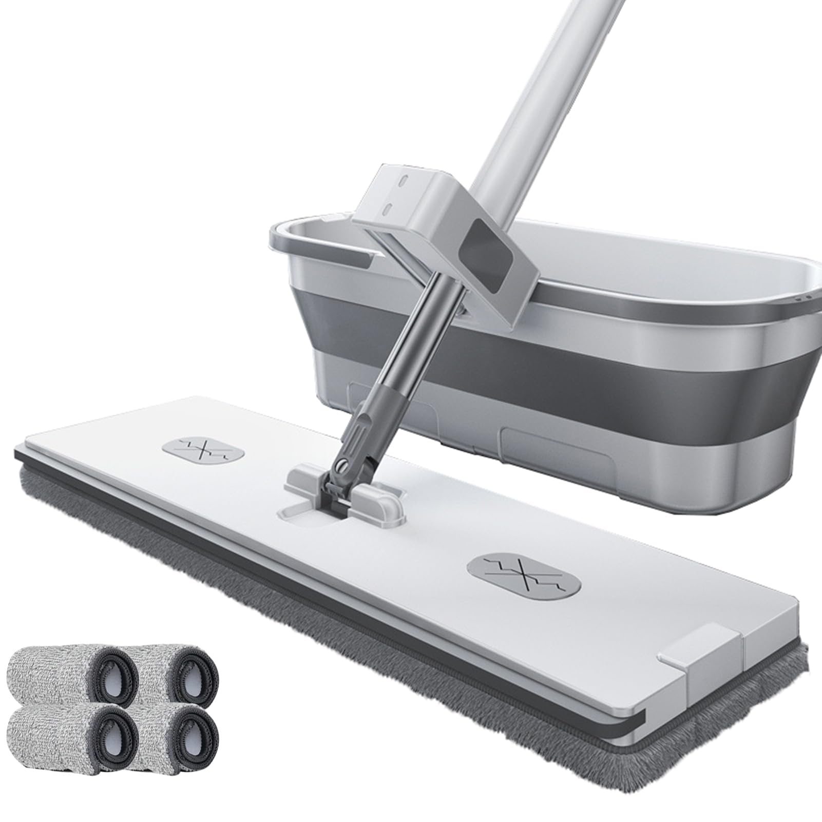 Set di mocio piatto e secchio, rotante a 360° con raschietto per l'asciugatura, include 8 panni in microfibra lavabili per la pulizia di pavimenti in legno, laminato, piastrelle