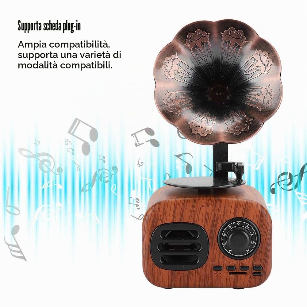 Hakeeta Altoparlante Portatile Bluetooth, Mini Altoparlante Bluetooth retrò a Forma di grammofono, Scheda Plug-in di Supporto, Ampia compatibilità, Batteria Integrata con Grande capacità(Marrone)