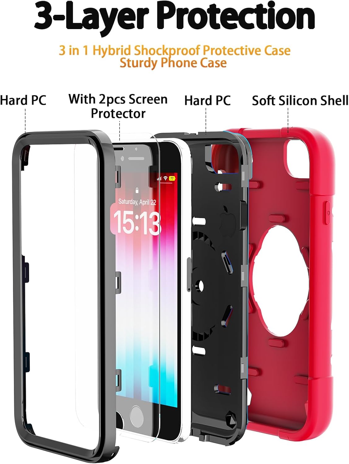 KCJ for iPhone SE Case 2022/2020, iPhone 8/7/6/6S Case, with [2×Screen Protectors][Ring Stand] Soft Silicone+Hard PC Full Body Protection Heavy Duty Phone Case 4.7 inch