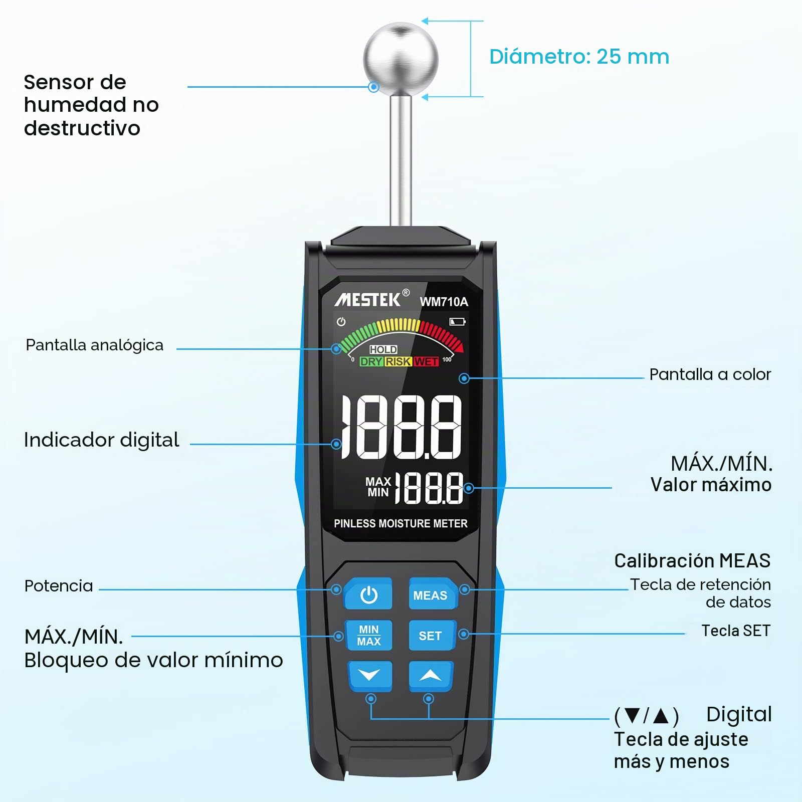 Medidor de Humedad MESTEK Humidímetros 20-40mm Detector de Humedad sin Pin Portátil Humedad Medición Digital Pantalla LCD Alarma para Madera, Paredes, Hormigón, Ladrillo y Materiales de Construcción