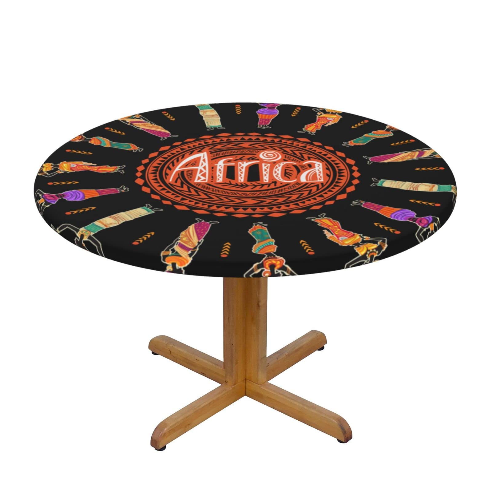 Lsjuee Round Fitted Tablecloth 45-50in Elastic Edged Table Cloth for Kitchen Dining Party Home Decor - African Tribal Women Design Black