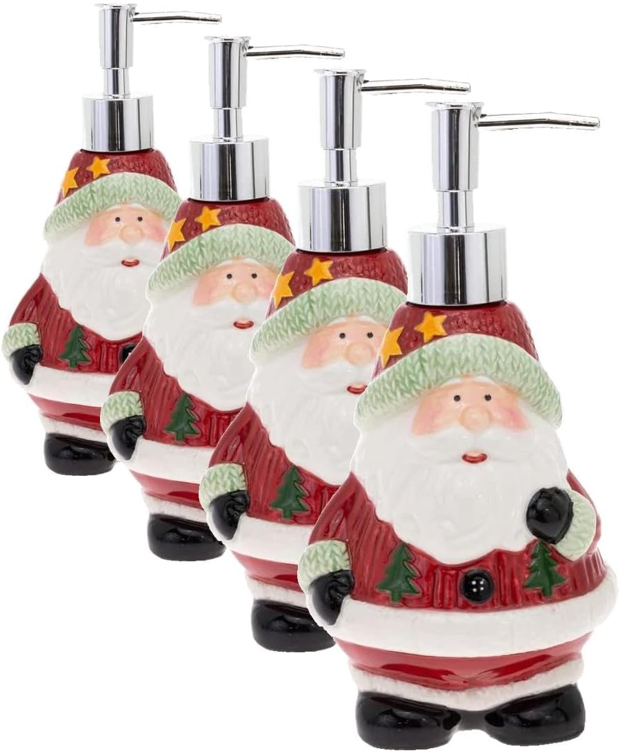 Boston International Ceramic Soap Dispenser Christmas Winter Holiday Refillable Liquid Hand Soap Bottle with Pump, 13-Ounces, Jolly Santa (Pack of 4)