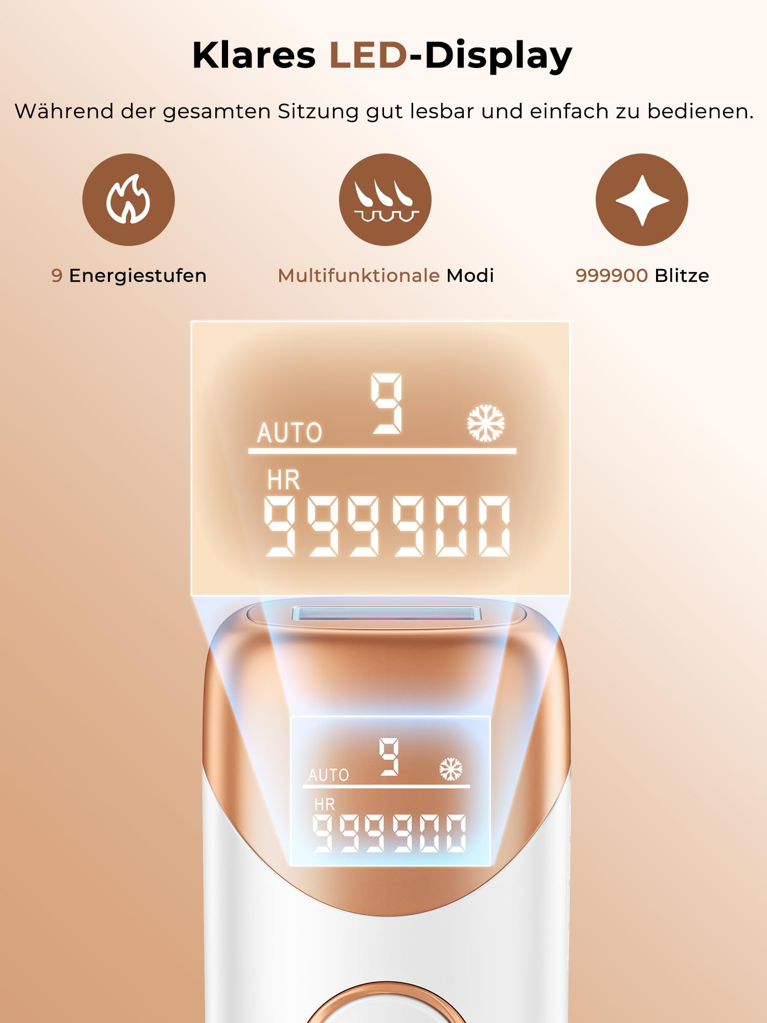 Depiladora Laser con Función de Refrigeración, Depilación Laser con 9 Niveles de Energía Ajustables, 999,900 Flashes, 9 Niveles de Energía, Depiladora Luz Pulsada Para Mujeres, Blanco Dorado
