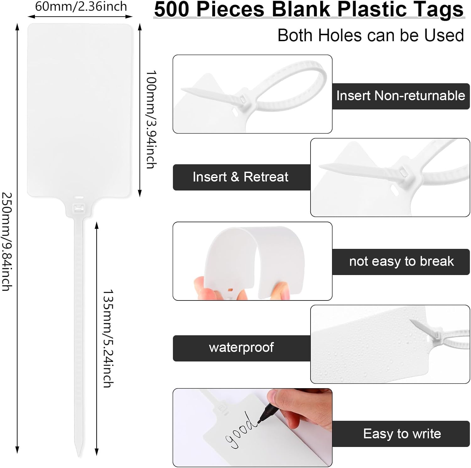 Chunful 500 Pcs Blank Plastic Tags Shipping Tags 3.94"x 2.36" Waterproof Sealing Shipping Labels Bulk Writable Hanging Tag Ties Sealing Strap Reusable Mark Labels for Keys Luggage Logistic(White)