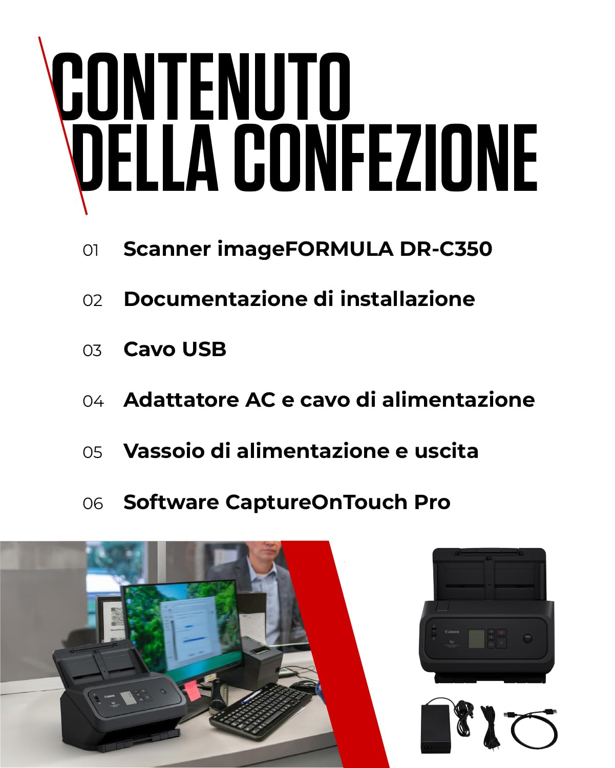 Canon imageFORMULA DR-C350 Scanner documenti A4 | Design compatto e avanzata elaborazione immagini per ufficio | Alimentatore automatico da 100 fogli | Con Canon CaptureOnTouch Pro