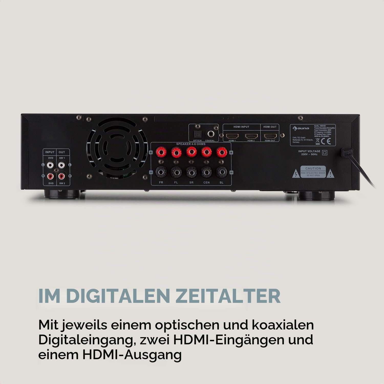 AUNA AMP-H260 5.1 Equalizer-Empfänger, 2 x 100 W + 3 x 20 W RMS, Bluetooth-Funktion, USB-Port, SD-Player, Opt. & Koaxial; Digital-In, 2 x HDMI-In / 1 x HDMI-Out - schwarz