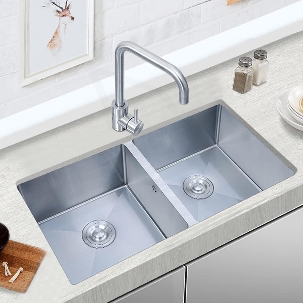 Double Bowl Stainless Steel Bar Prep Sink with Faucet - Drop-in or Undermount Installation, Easy to Clean, Noise-Reducing Design(85x45cm) (One Color 85x45cm)