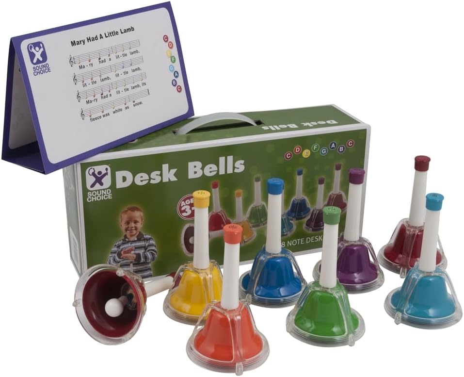 HB9201 8-Note Diatonic Set: Handbell & Deskbell Combo - Push-Button & Hand Ringing Features - Complete Musical Note Range for All Your Needs.