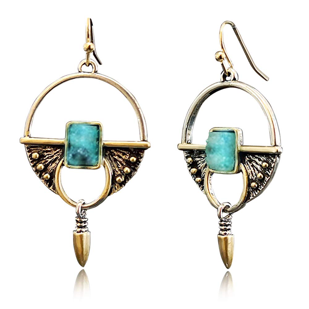 D.Rosse Handmade Boho Vintage Silver Round Circle Hoop Dangle Earrings Unique Retro Statement with Geometric Turquoise Gemstones for Women