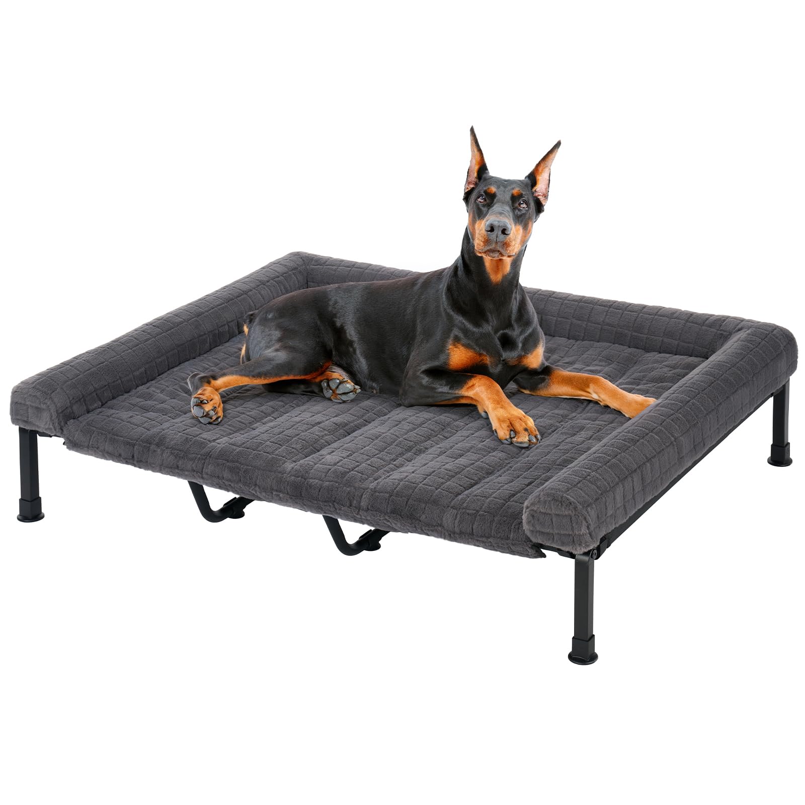 Veehoo Elevated Dog Bed Large Sized with Fluffy Plush Bolster Cushion, Washable Orthopedic Dog Couch Bed, Cooling Raised Pet Cot with Removable Mat, Breathable Mesh, No-Slip Feet, 59 x 37 inches, Grey