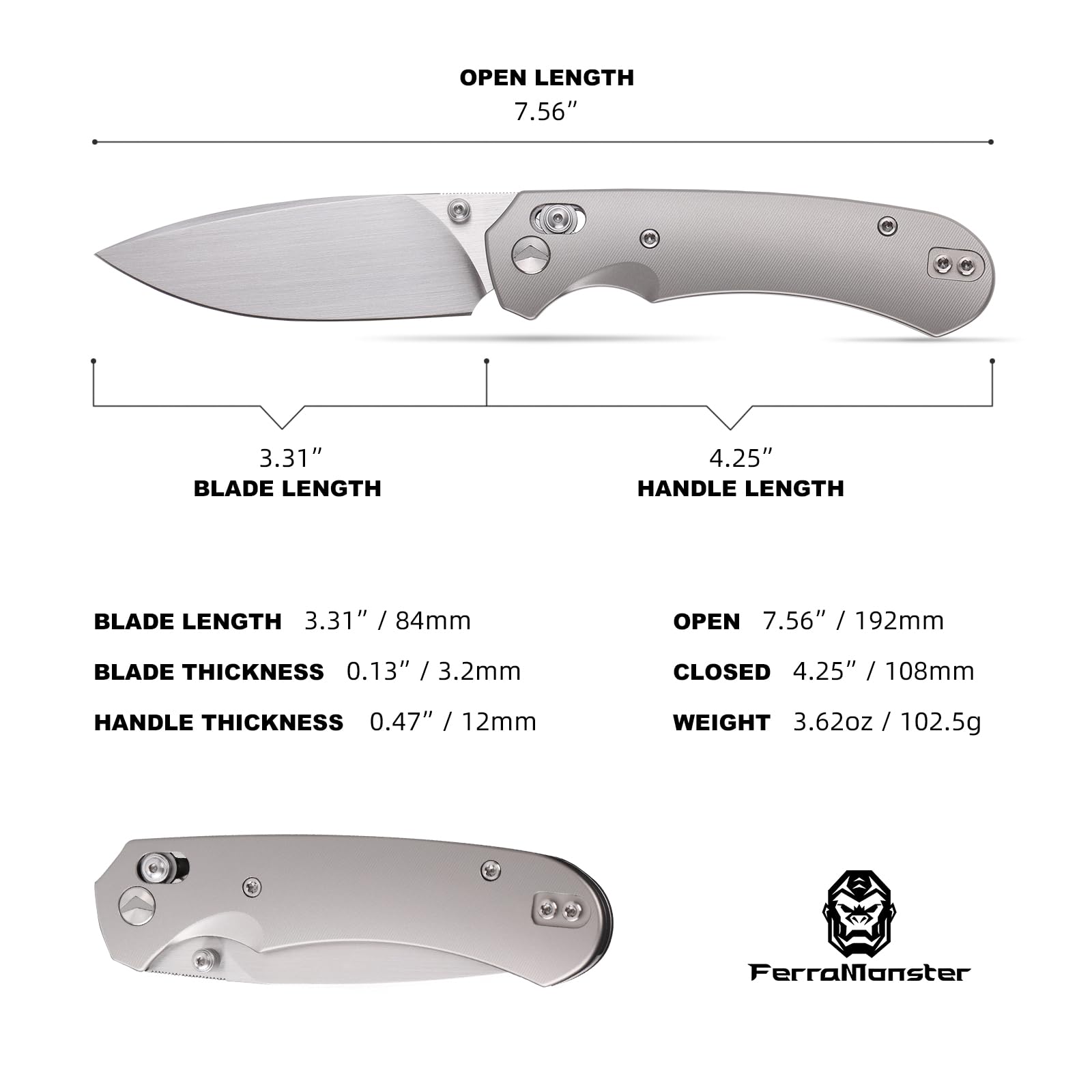 Klappbares Taschenmesser,3.31" M390 Klinge,Erogonomischer Titan Griff,Jagd Überlebensmesser,EDC Messer für Jagd Camping Überleben Outdoor Angeln Wandern (Grau)