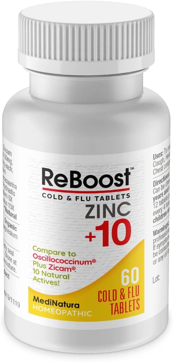 ReBoost Cold & Flu Tablets Zinc +10 – Multi-Symptom Relief for Body Aches, Headache, Cough, Runny Nose, Mucus, Chest & Sinus Congestion – Non-Drowsy – Lemon Flavor – 60 Count