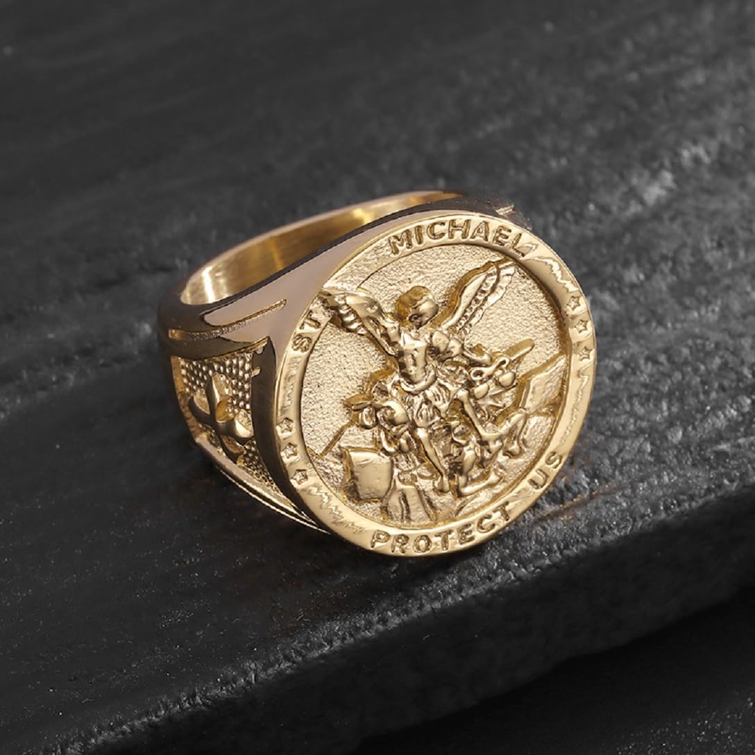 Anillo de ángel con cruz de arcángel para hombre, anillo de arcángel, anillo de oro, joyería de ángel católico vintage para hombre