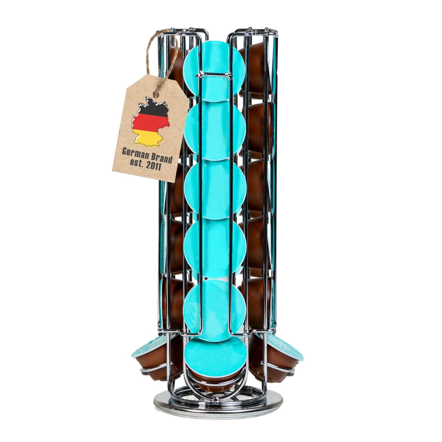 Intirilife Uchwyt na Kapsułki do Kawy dla Kapsułek Dolce Gusto (24 sztuki) z Srebrnego Żelaza - 13.5 x 33 cm - Obrotowy Stojak na Kapsułki 360 Stopni, Przechowywanie Kapsułek Kawowych, Pads