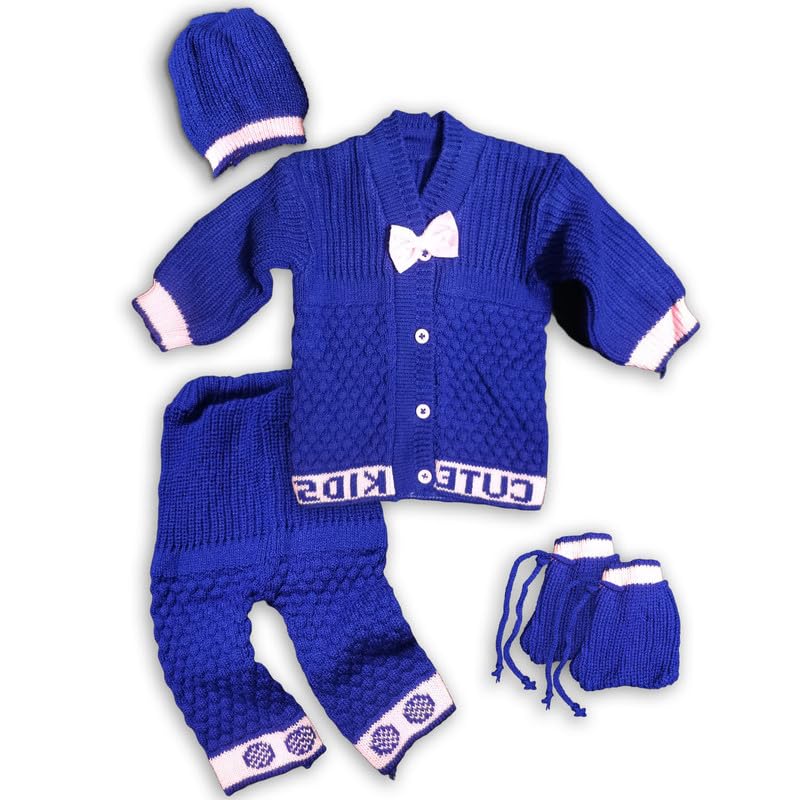 Image of Baby Unisex New Born Baby Boys Girls Soft Comfortable Trendy Woolen Round Neck Stripe Sweater Set with Payjami, Cap and Pair of Booties for Toddlers
