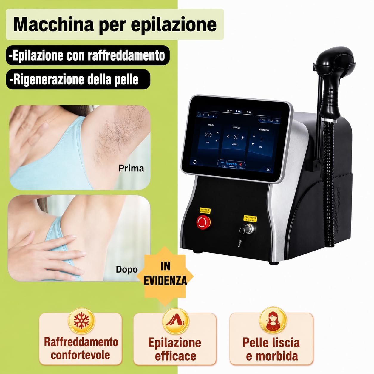 Dispositivo per epilazione laser a diodo 808 nm nero, manipolo con 10 barre laser, lunghezze d onda 755 808 1064 nm, raffreddamento integrato, display touch HD, per salone spa e casa