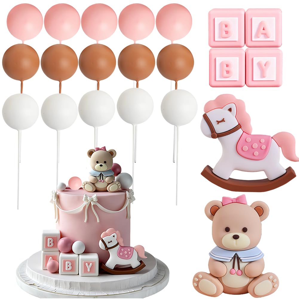 Bear Decoration Cake Pink, Teddy Cake Decorations,21 Pcs Cake Topper Theme Decor Shower Birthday Party Supplies (Pink)