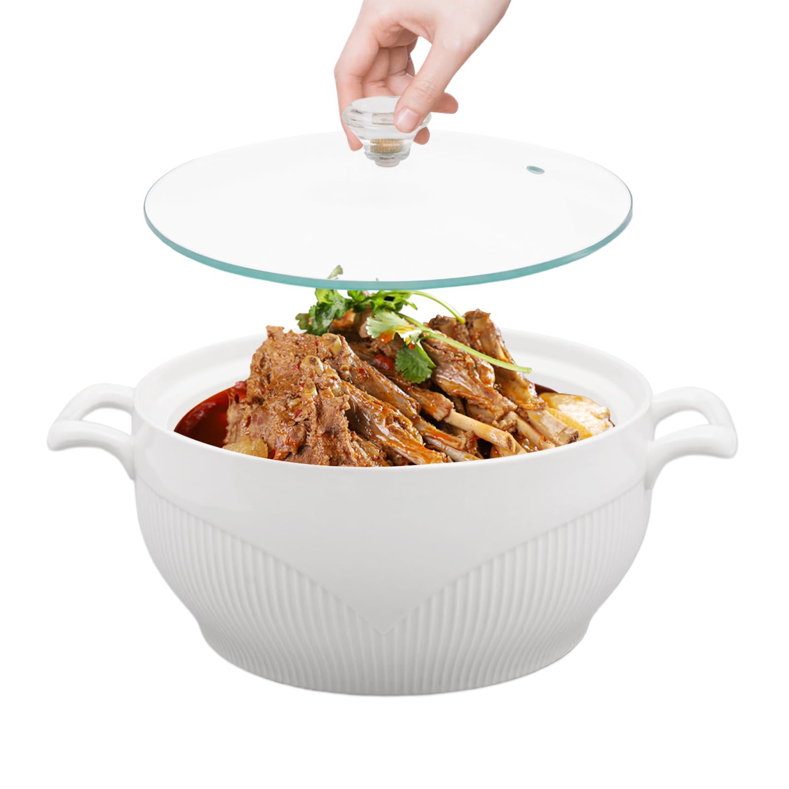 Oiveinya Ceramic Soup Tureen with Glass Lid, Porcelain Serving Soup Tureen for Restaurant Home Kitchen Decoration, Ceramic Covered Tureens for Serving Salad Pasta Noodles Stew(8.54/7.5in) (7.5inch)