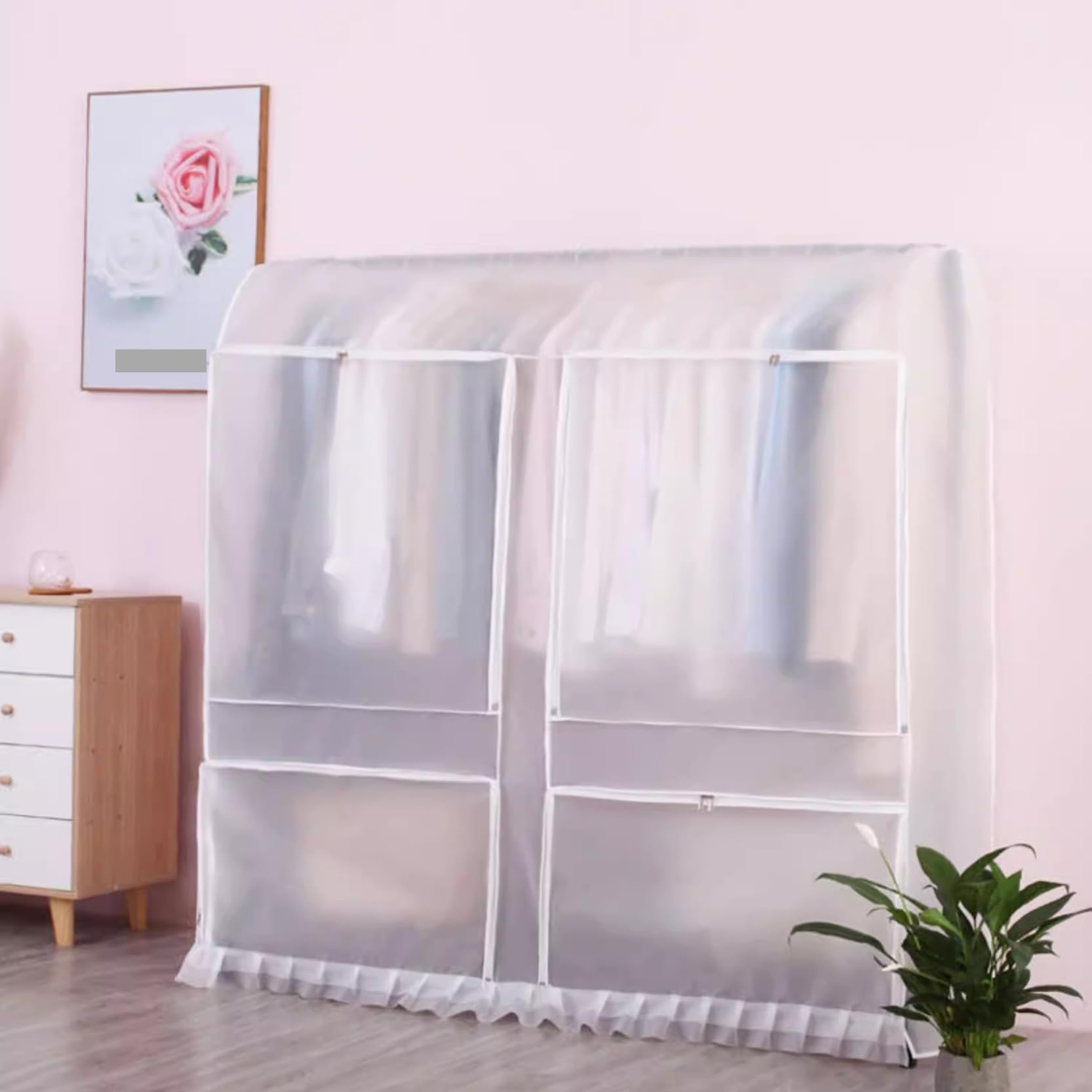 Funda Transpirable para Perchero de 1,2 m/1,5 m/1,6 m, a Prueba de Polvo, con Cremallera y 4 Ventanas Transparentes de PEVA, para Abrigos, Trajes y Vestidos (Blanco, 150 x 50 x 150 cm).