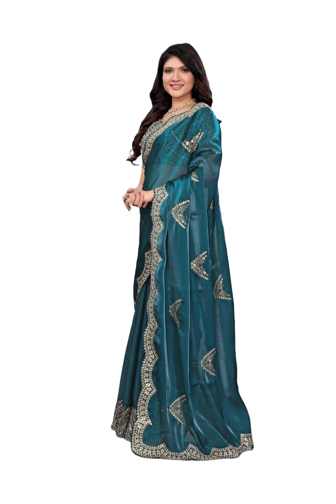 Organza Saree with Scalloped Gota Patti Border, Golden, Ethnic Style, for Weddings and Festivals, Free Size, with Unstitched Blouse Piece-image-47