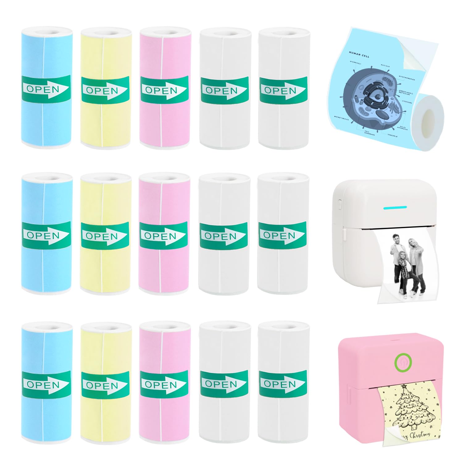 Vicbear 15 Rolls Thermal Sticker Paper for Mini Printer Sticker Maker, Including 9 Colored and 6 White Self-Adhesive Mini Printer Sticker Paper, 57 x