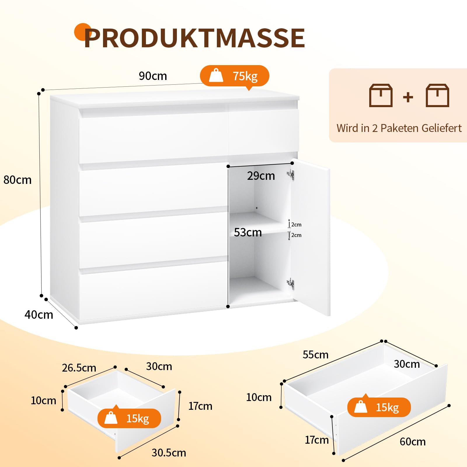 YOUDENOVA Kommode mit 5 Schubladen und 1 Tür, Weiß Holz Kommode für Schlafzimmer Flur Wohnzimmer, Komodenschrank 40cm Tief, Schubladenschrank 90 cm Breit, Modern Möbel, 90 x 40 x 80 cm