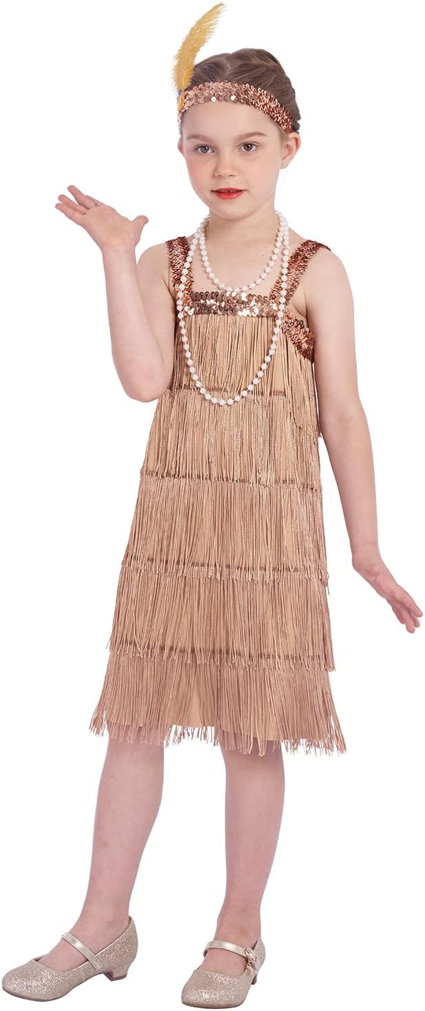 Rabtero Kids Roaring the 20s Fancy Dress Costume, Girls Flapper Dress with Pearl Necklace and Feather Headband, Gangster Flapper Dress for Girls