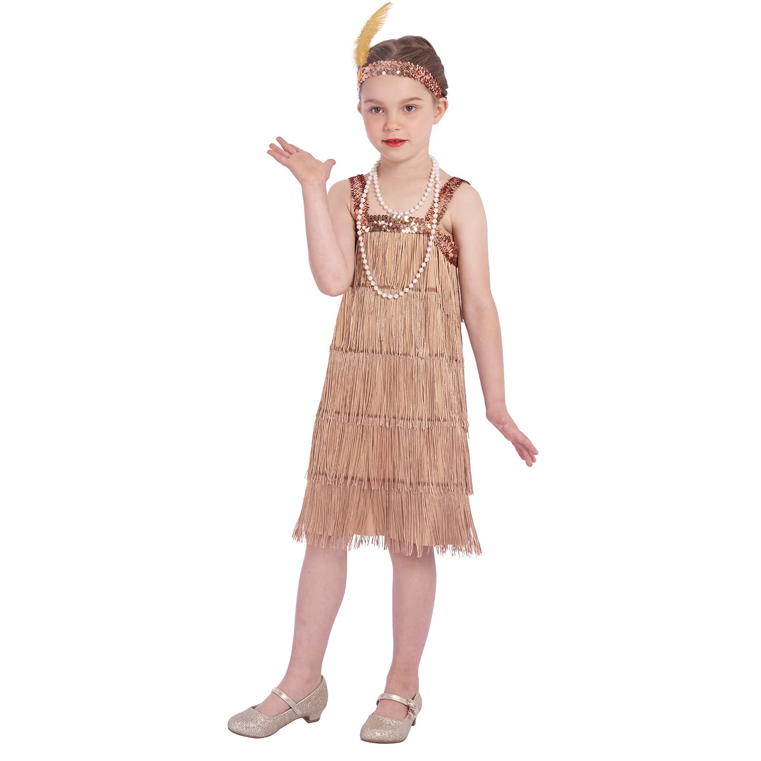 Rabtero Kids Roaring the 20s Fancy Dress Costume, Girls Flapper Dress with Pearl Necklace and Feather Headband, Gangster Flapper Dress for Girls