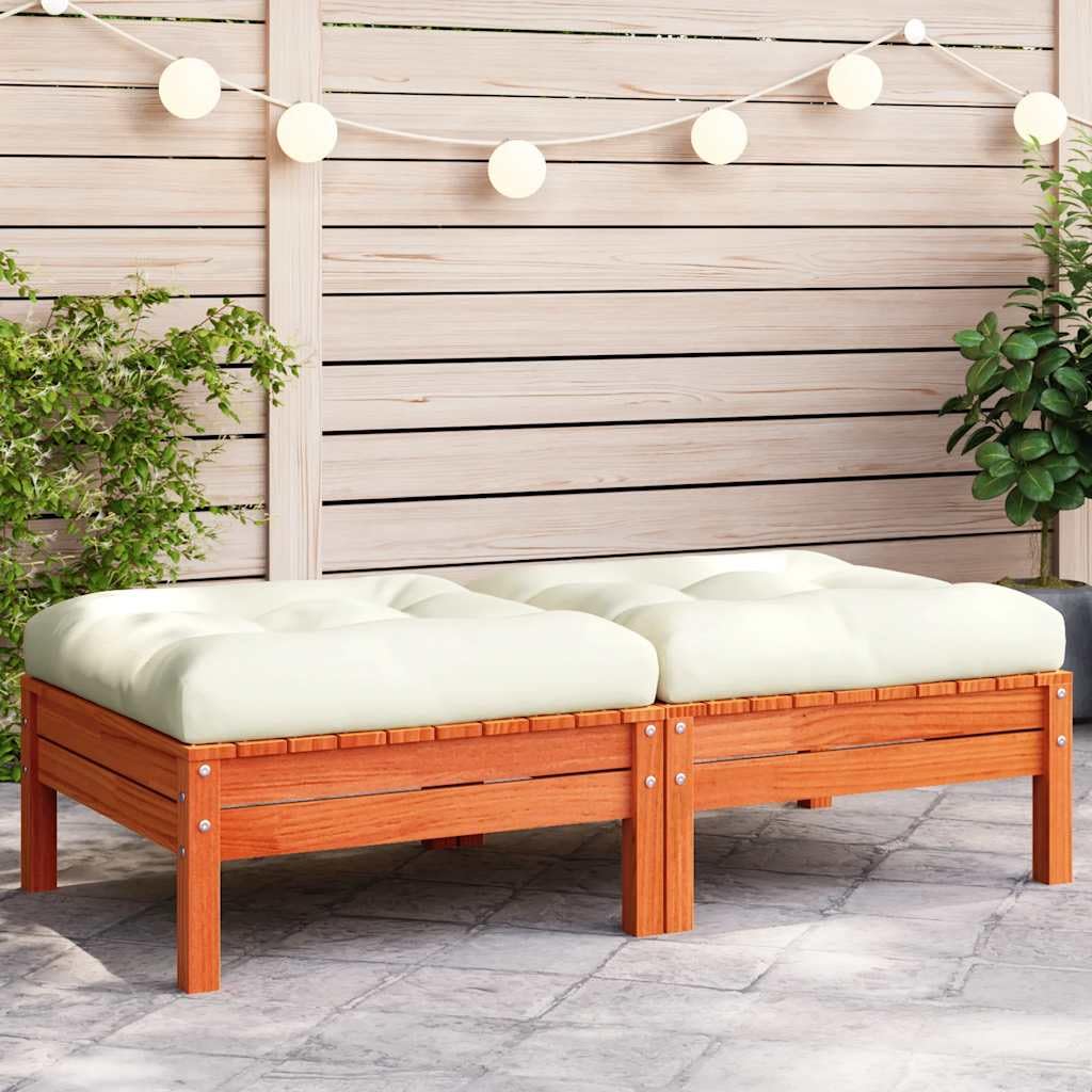 Reposapiés Jardín 2 Piezas Marrón Cera Madera Pino Macizo | Cojín de color crema incluido, 63 x 63 cm, diseño de láminas, modular, para patio y terraza
