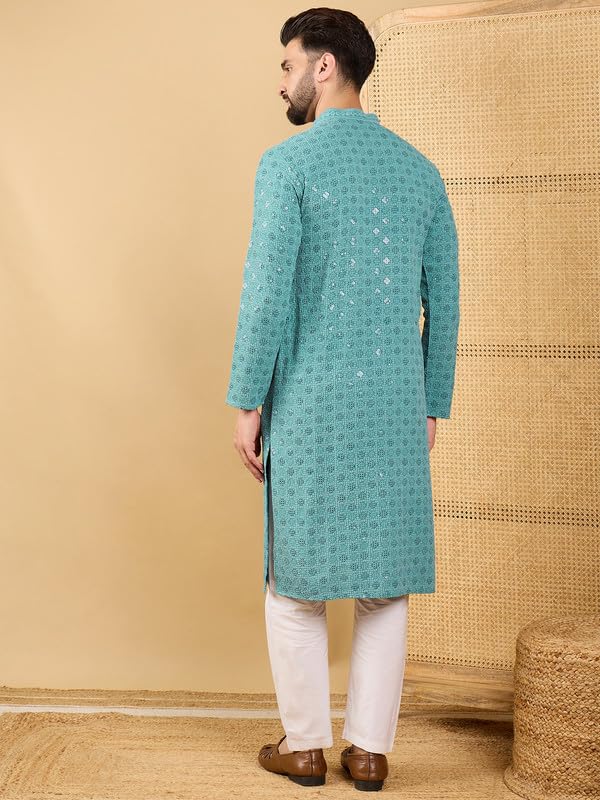 Image of Men's Solid Embroidered Long Straight Kurta | Men's Kurta | Embroidered Chikankari Kurta for Men | Straight Fit Kurta for Men