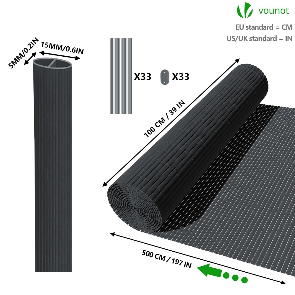 VOUNOT® Cañizo Ocultación PVC Doble Cara 100 x 500 cm con Puente Reforzado, Estera PVC Valla Privacidad Pantalla Protección Visual para Jardín, Balcón, Terraza, Color Gris