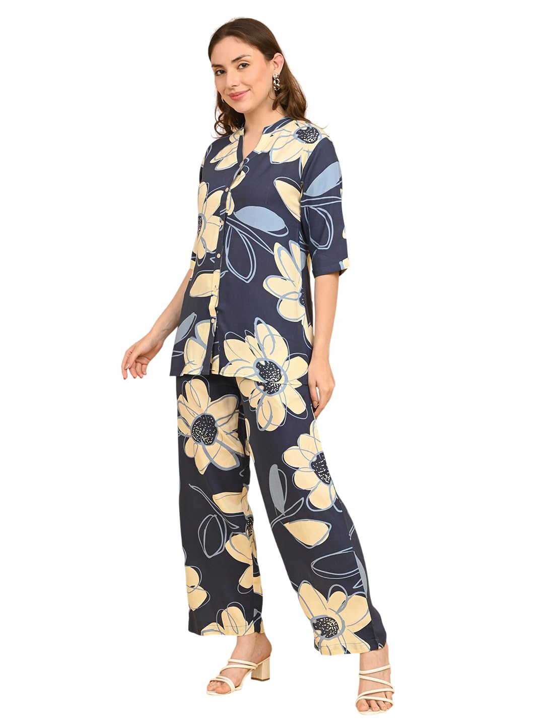 ceyo MINELLI Women Printed Co-Ord Set, Rayon Relax Wear, Mandarin Collar, Three Quarter Sleeves, Button Closure, Regular Fit Lounge Set for Home and Casual Wear-picture-16