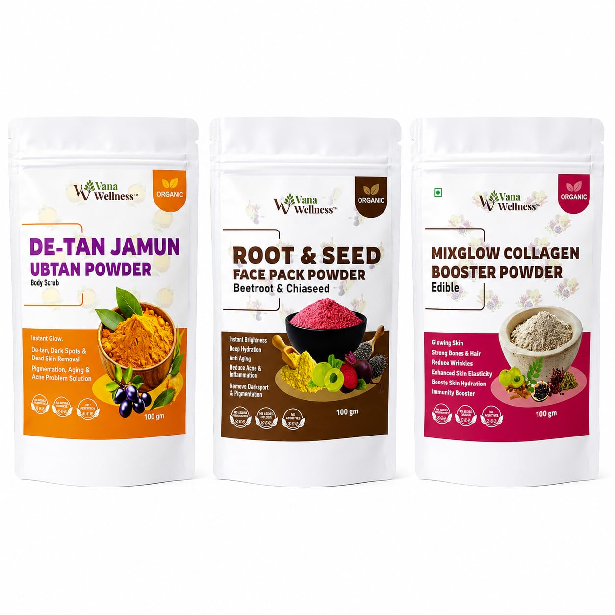 Bridal Instant Glow Kit – De-Tan Jamun Face Pack Root & Seed Face Pack & Collagen Booster Powder Combo (3-in-1 Skin Brightening Kit)-image-0