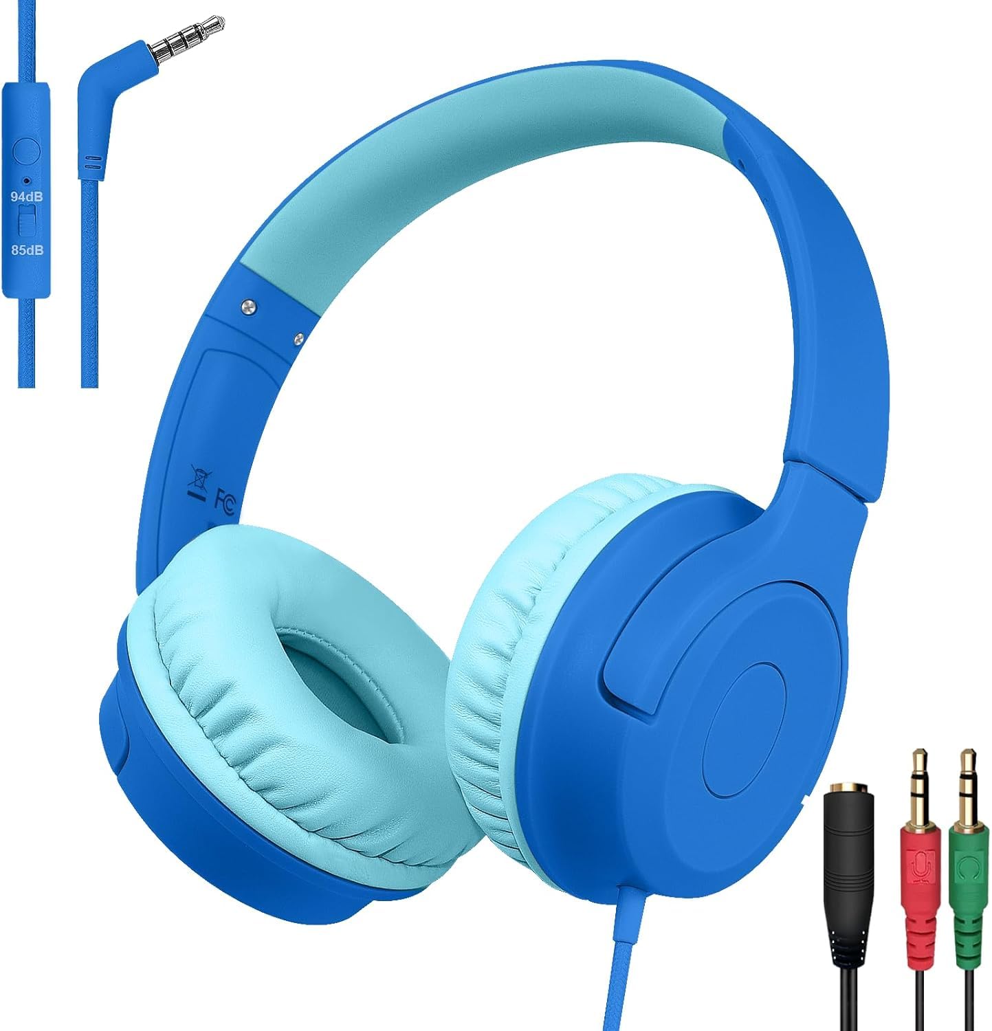 FNSHIP Kids Wired Headphones with Microphone, 85/94dB Safe Volume Limiter,Foldable,3.5mm Jack Over-Ear Cord Headset for Online Study/Travel,