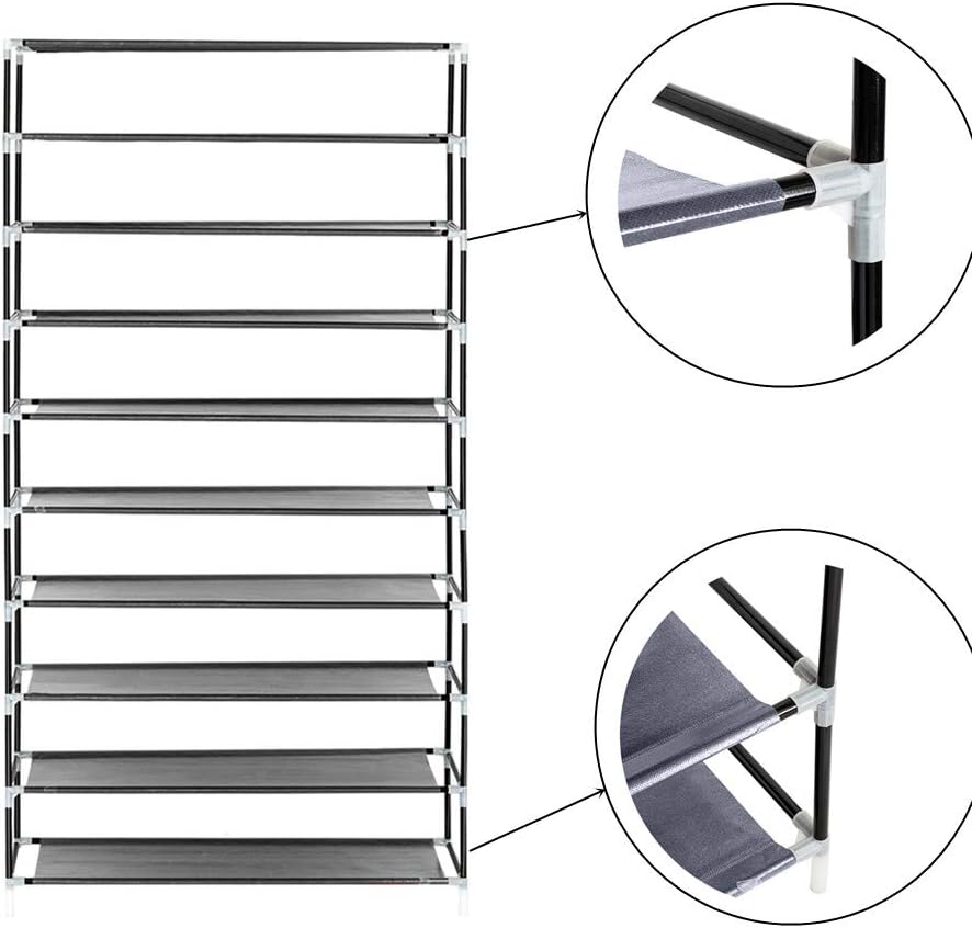 10 Tiers Shoe Rack with Dustproof Cover Closet Shelf Shoe Storage Cabinet Organizer,Side Pockets,Gray