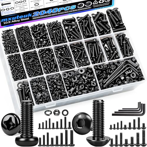 mxuteuk 2040PCS Metric Screws Nuts and Bolts Assortment Kit,Metric Machine Screws and Nuts,M2 M3 M4 M5 M6 Black Hex Socket Button Head & Cross Slotted Round Head Screw Nut and Bolts Kit