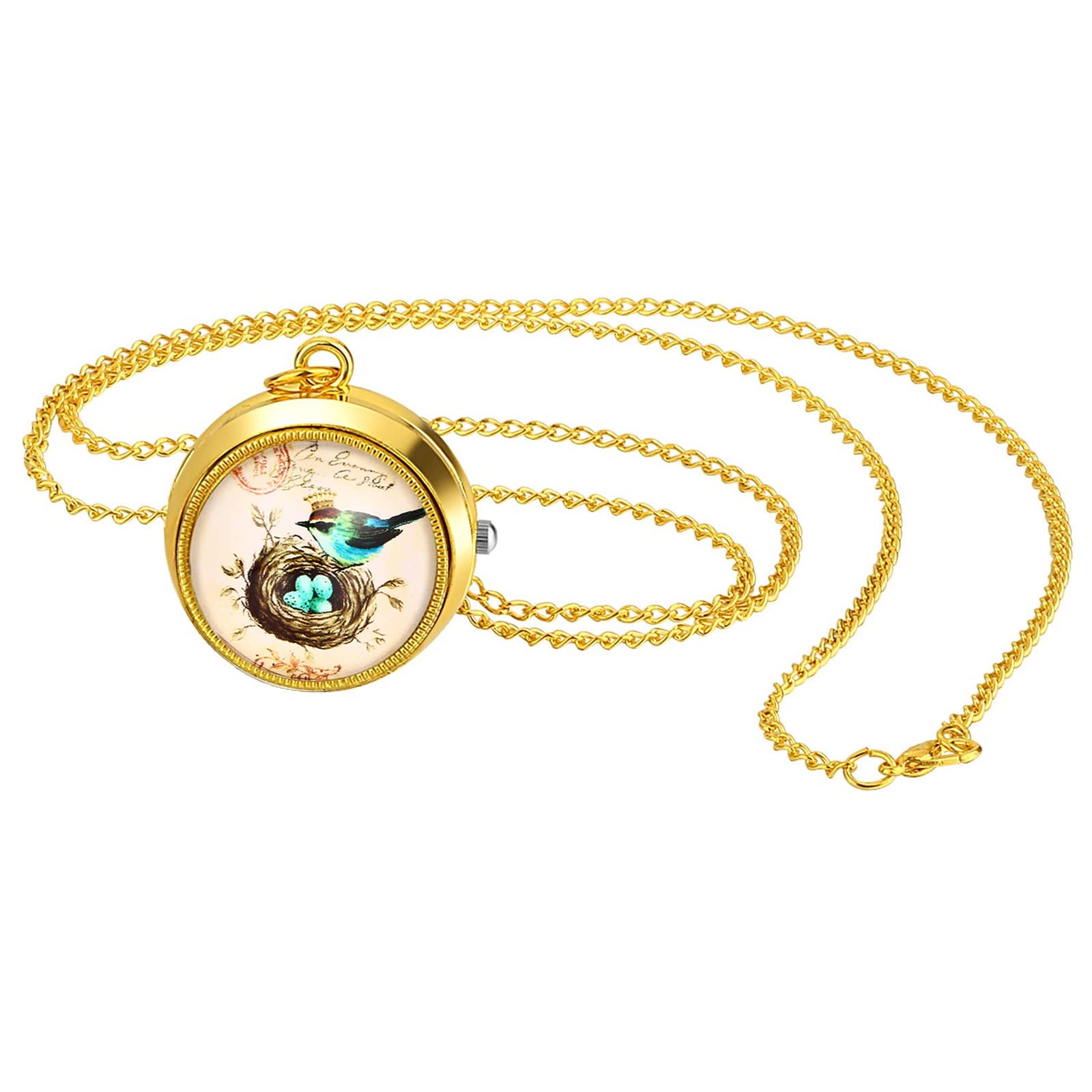 JewelryWe Vintage Pocket Watch for Women Classic Gold Plated Round Analog Quartz Clock Pendant Necklace Watches with Chain for Mother's Day
