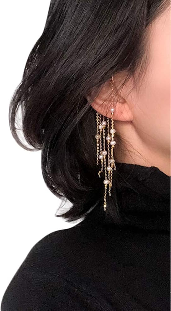Happyyami Pearl Eardrop Tassel Clip on Earrings Lightweight Single Hanging Jewelry No Ear Hole Elegant Women Accessory for Party Daily Wear - Image 3