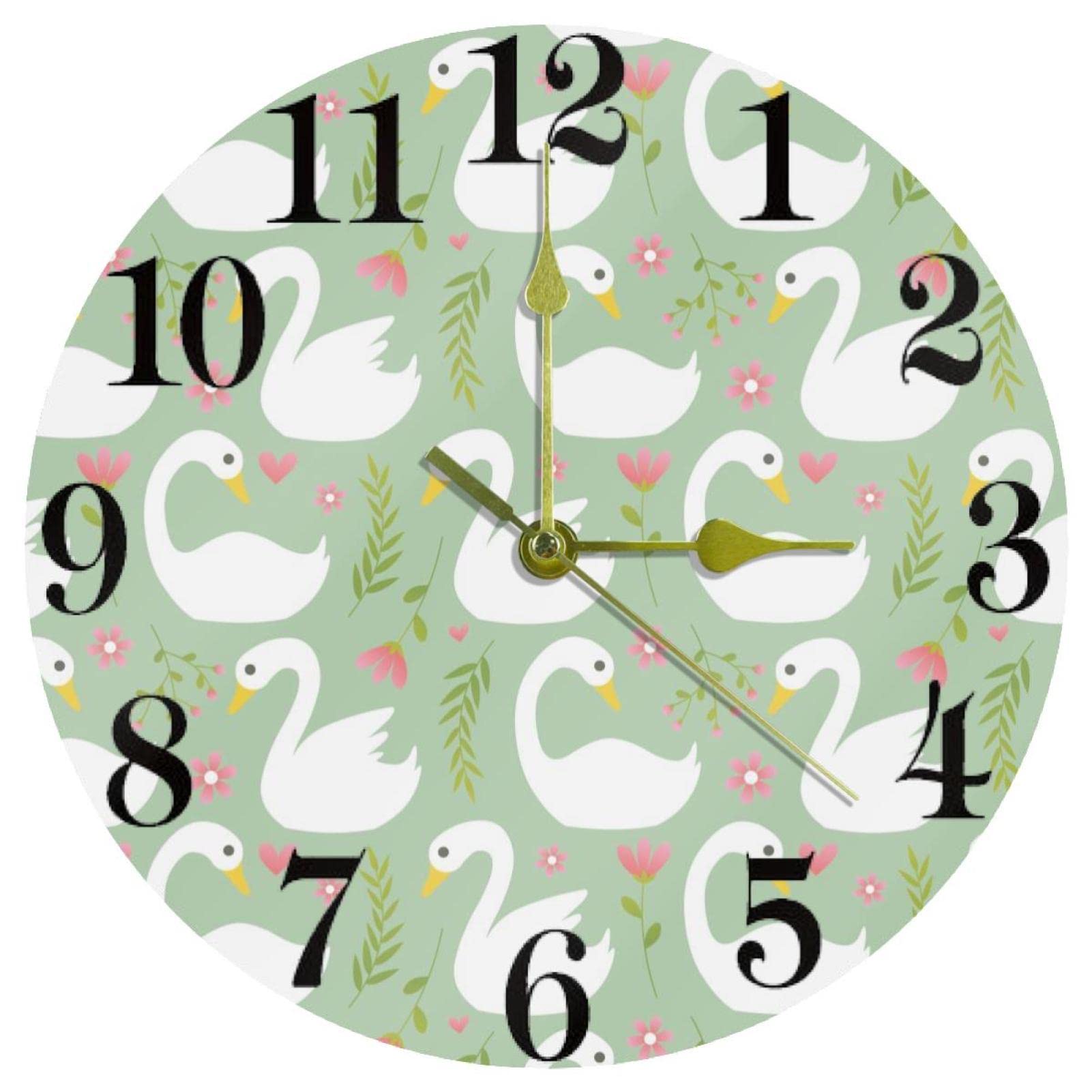 Horloge murale motif cygne blanc et fleurs roses pour une décoration douce à quartz
