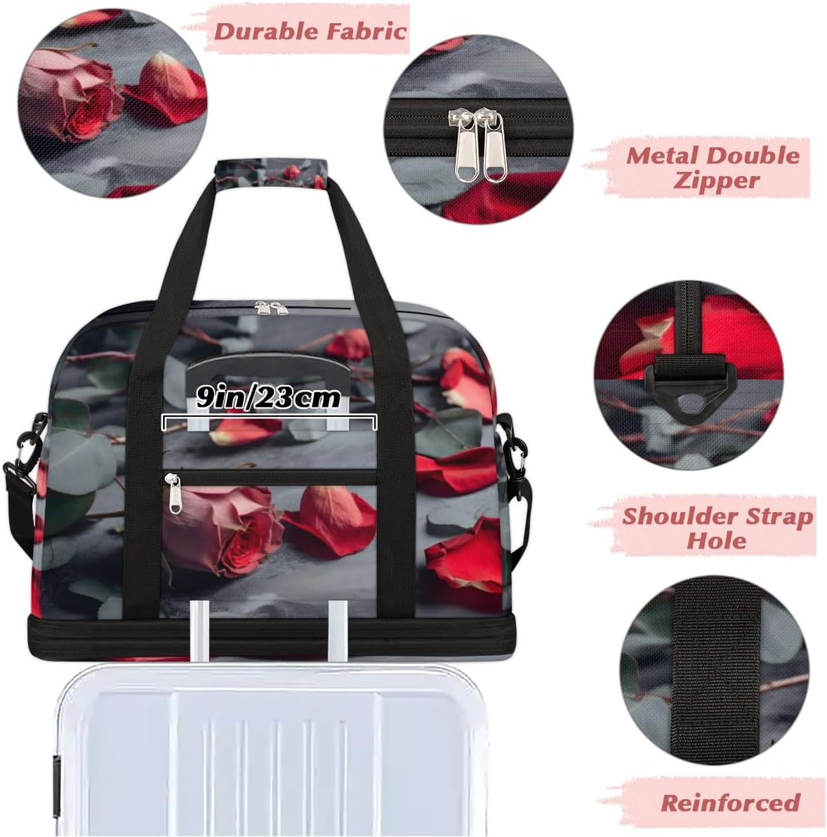 QsirBC Rose Floral Design Gym Bag for Women Duffle Tote with Shoes Compartment Men Weekender Duffel for Dance Travel Sports Swimming Overnight
