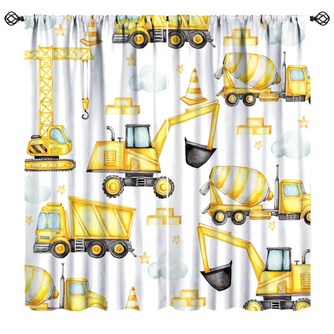 JanJCurt Boys Construction Curtains, Watercolor Yellow Cartoon Tractor Truck Excavator Bulldozer Print Window Treatments for Kids Child Bedroom