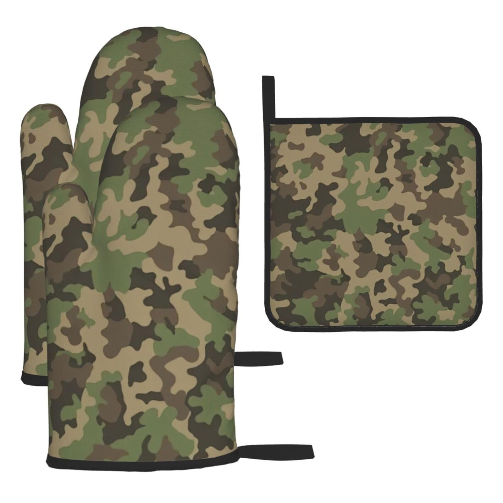 Green Camo Print Oven Mitts Kitchen Gloves Set Everyday Baking Grilling Microwaving Cooking Gift
